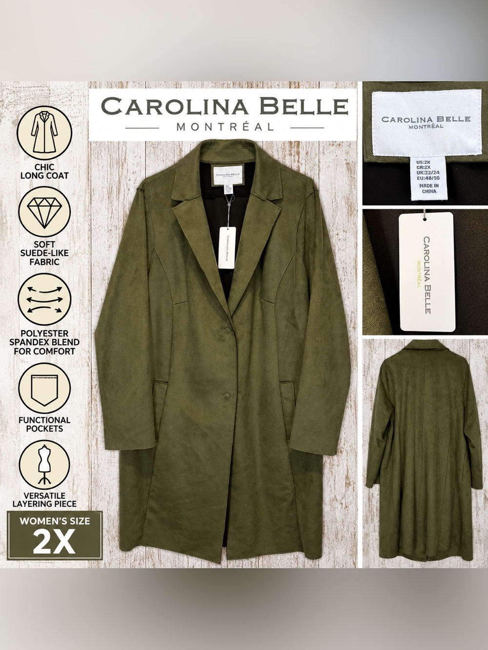 Carolina Belle Montréal Olive Green Faux Suede Long Coat Women’s Size 2X NWT